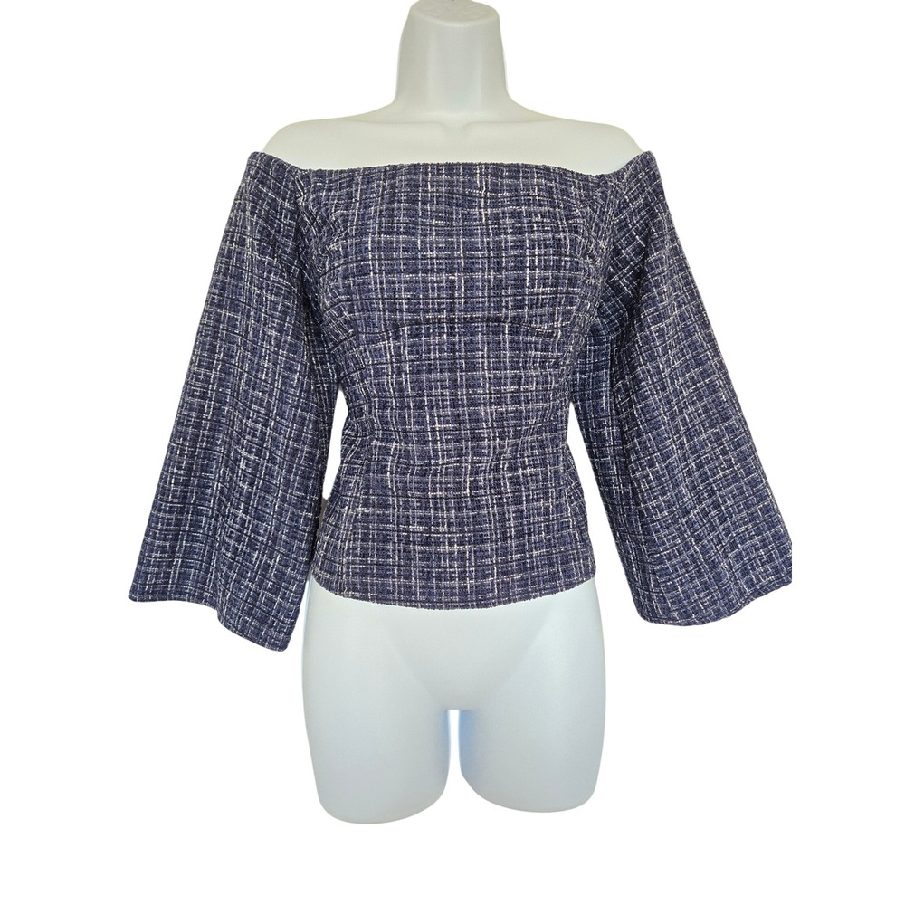 Zara Navy Tweed Off Shoulder Top L Flare Sleeve Office Siren Mod Retro Tailored - Picture 2 of 11